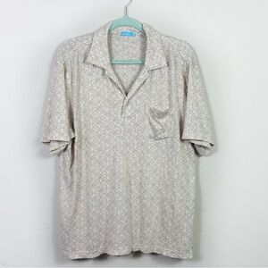 J. McLaughlin Beige White Abstract Print Linen Blend Polo Shirt size Medium‎